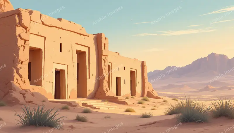 Flat Vector of Rock-Cut Facades with Tall Doorways in the Desert