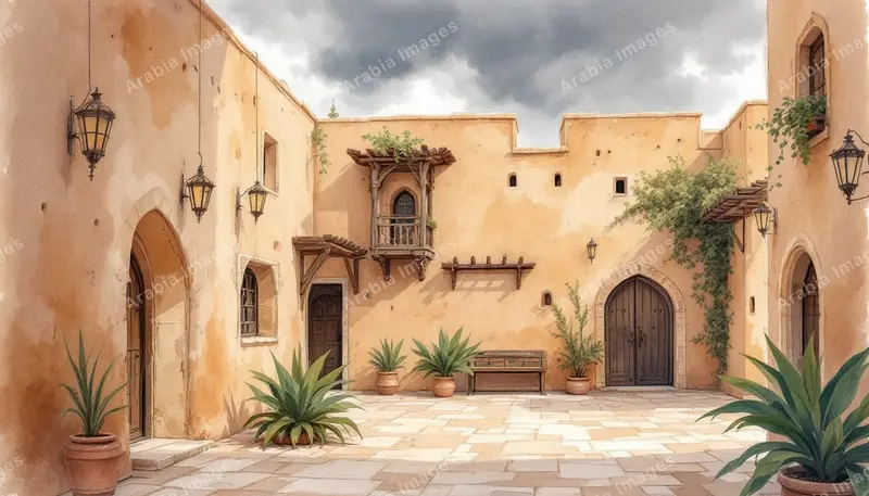Watercolor of a Stone Courtyard with Arched Doors and Lanterns