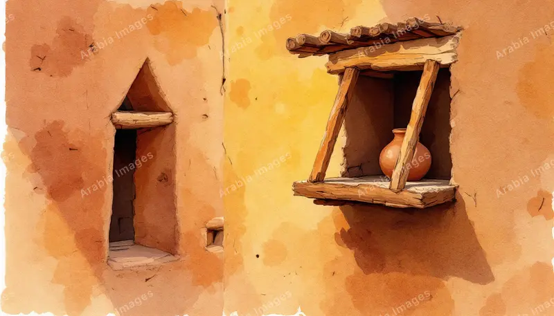 Watercolor of a Clay Pot in a Timber-Framed Window of a Mud Wall