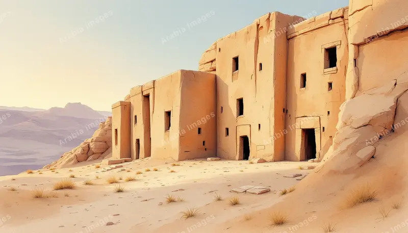 Watercolor of Rock-Cut Buildings with Small Windows on a Desert Slope