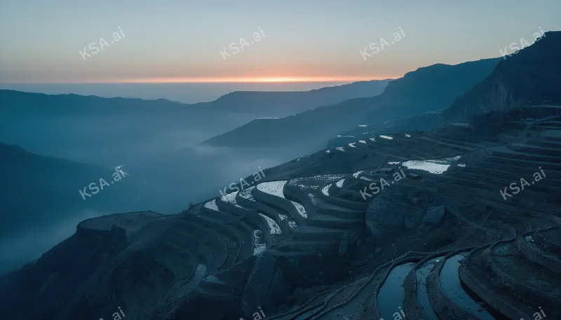 Asir mountain terraced fields في blue hour