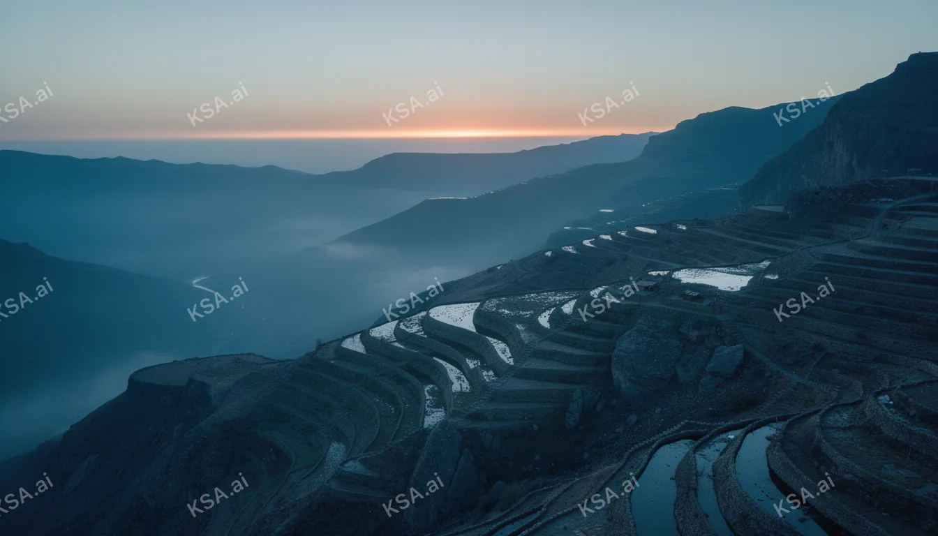 Asir mountain terraced fields في blue hour