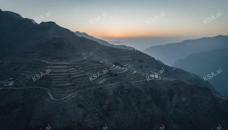 Asir mountain terraced fields في blue hour