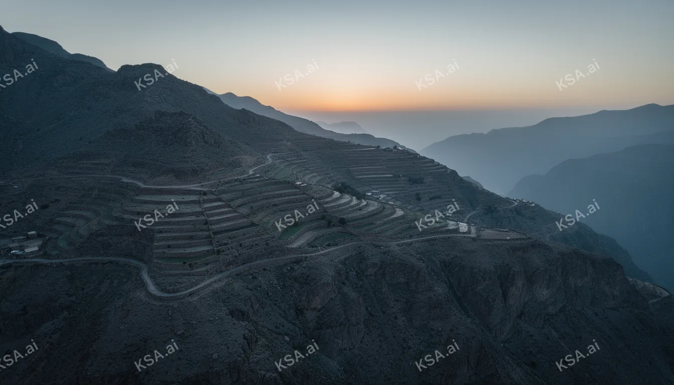 Asir mountain terraced fields في blue hour