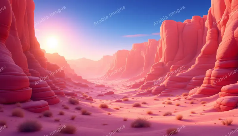 3D Cartoon Pink Sandstone Canyon Glowing Under a Bright Sun