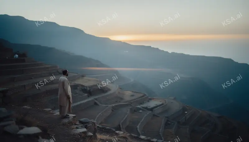 Asir mountain terraced fields في blue hour