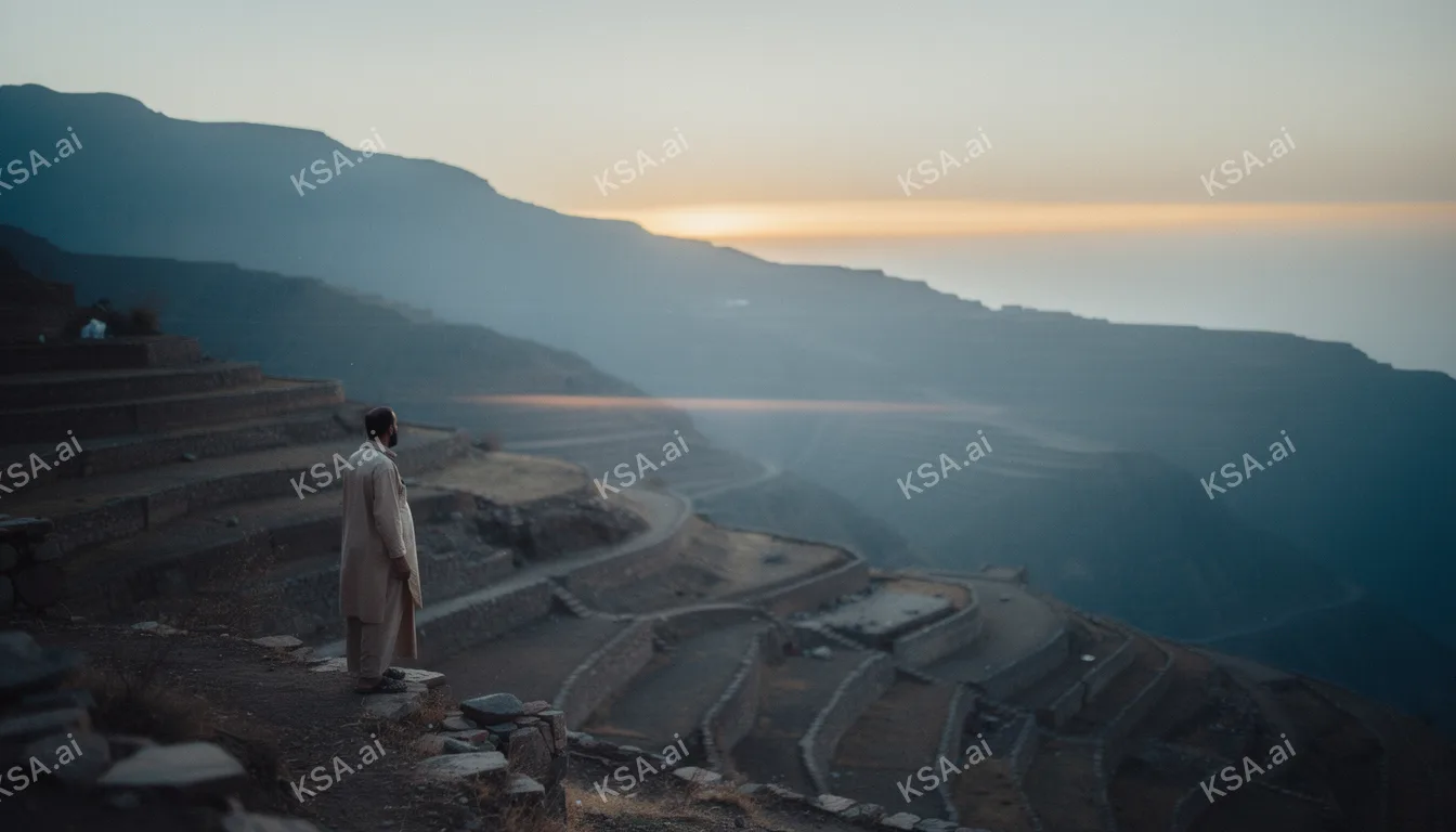 Asir mountain terraced fields في blue hour