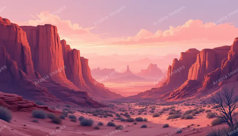 Flat Vector of Red Canyon Walls Glowing Under a Pink Dusk Sky