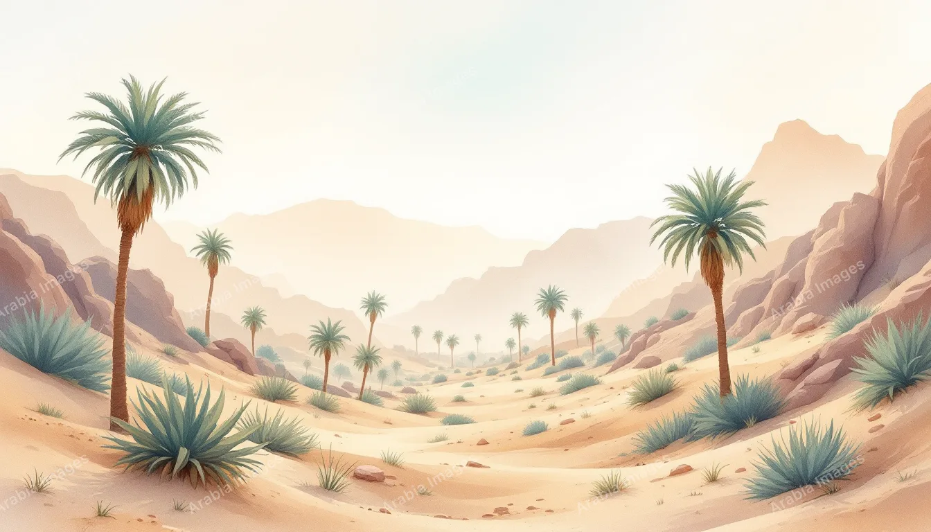 Watercolor of Palm Trees Scattered Along a Sandy Desert Valley