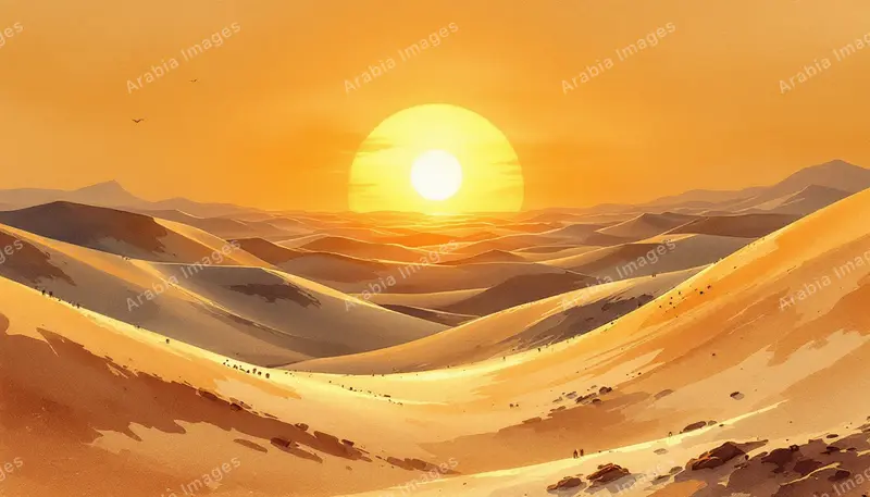 Watercolor of a Blazing Sun Setting Over Endless Amber Dunes