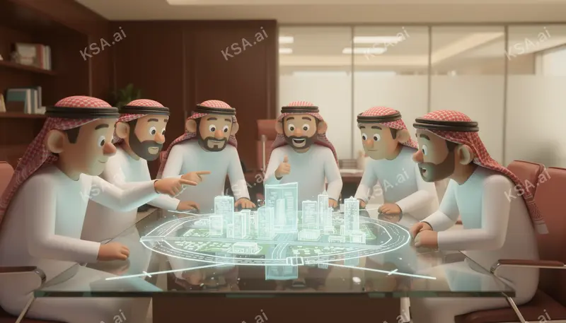 Saudi business professional in a white thobe presenting to…