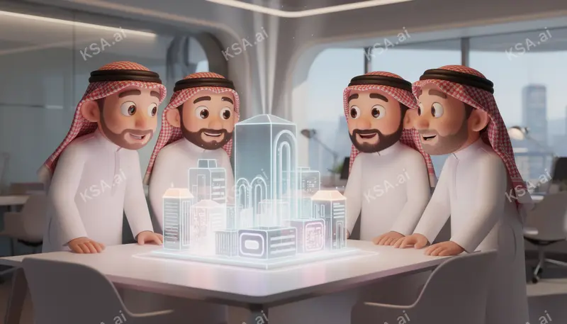 diverse team of Saudi engineers gathered around a model في…
