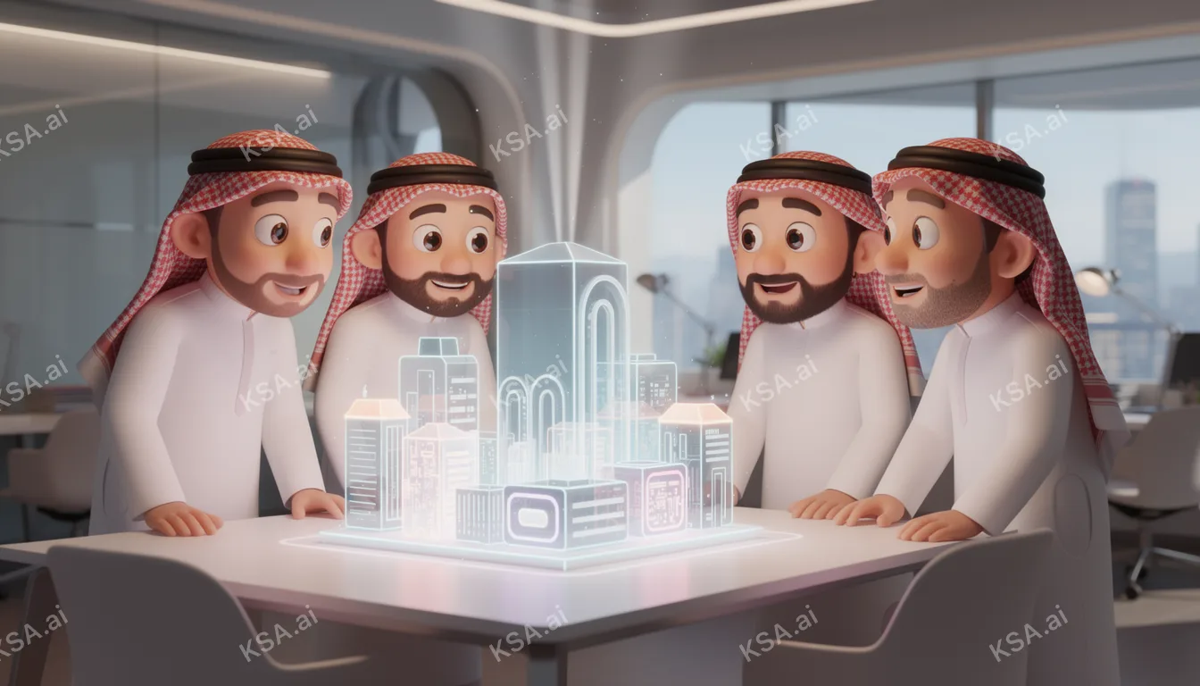 diverse team of Saudi engineers gathered around a model في…