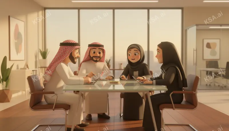 Saudi business professional in a white thobe presenting to…