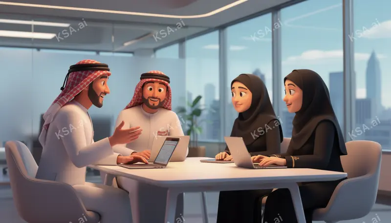 diverse team of Saudi engineers gathered around a model في…
