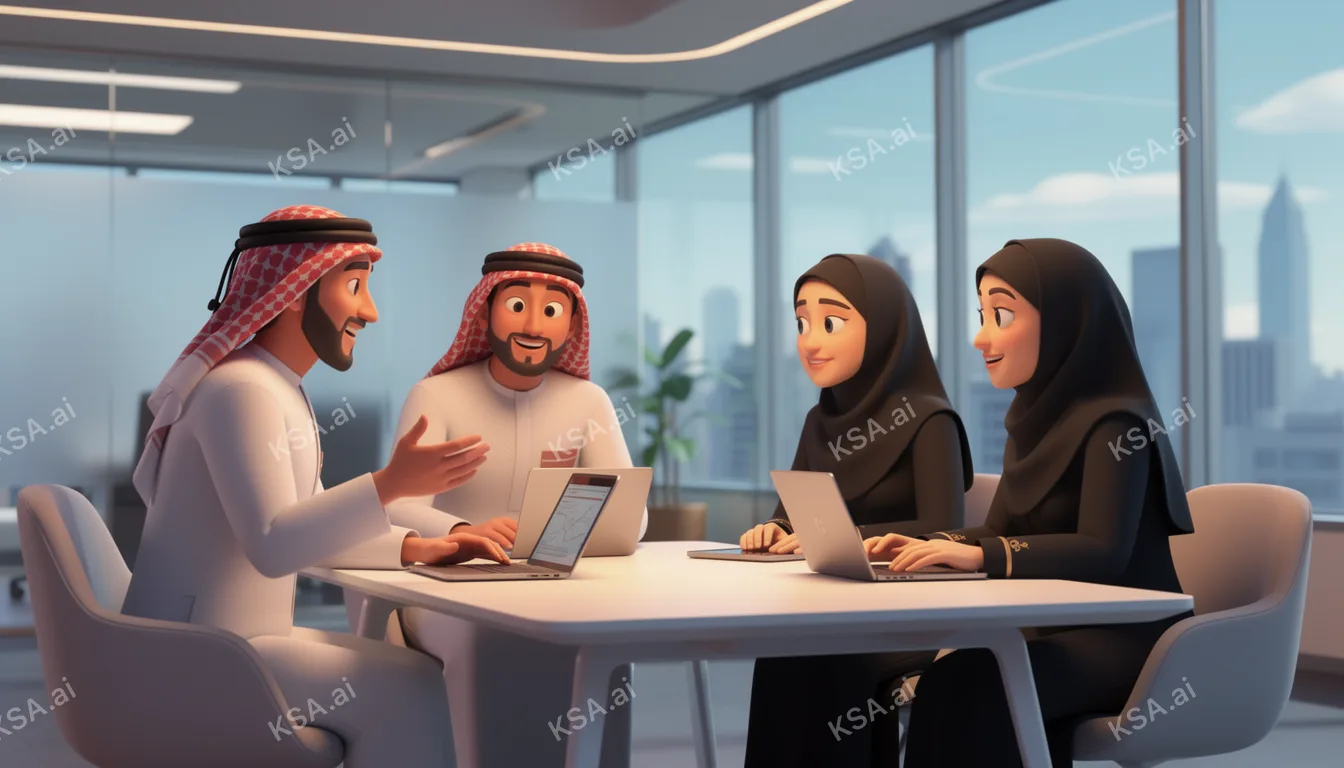 diverse team of Saudi engineers gathered around a model في…