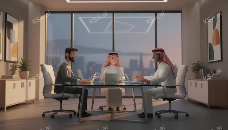 Saudi executive on a video call from a glass-walled office