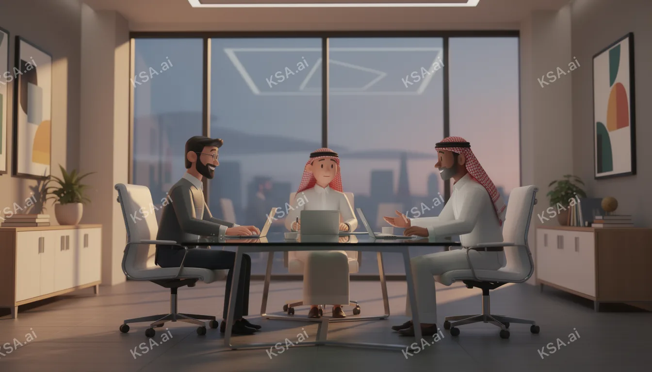 Saudi executive on a video call from a glass-walled office