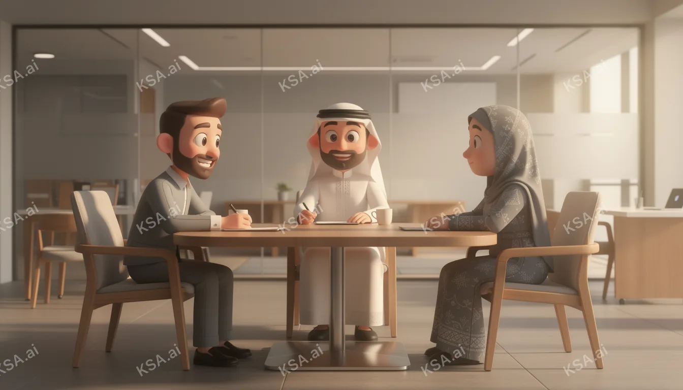 two Saudi colleagues mid-conversation at a casual cafe…
