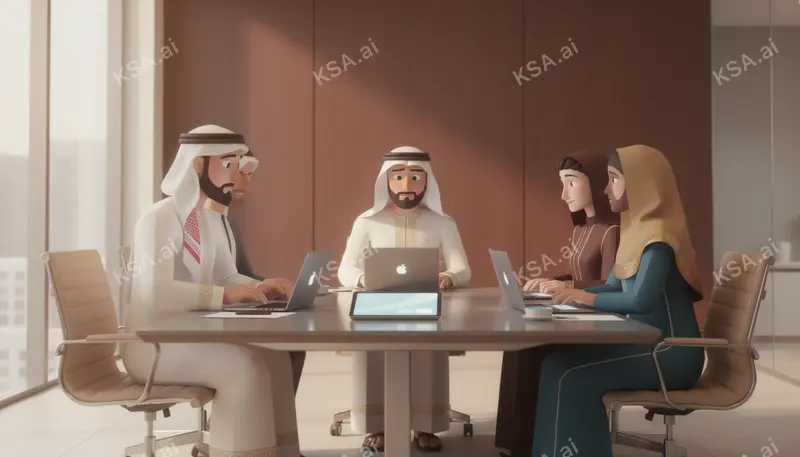 Saudi business professional in a white thobe presenting to…