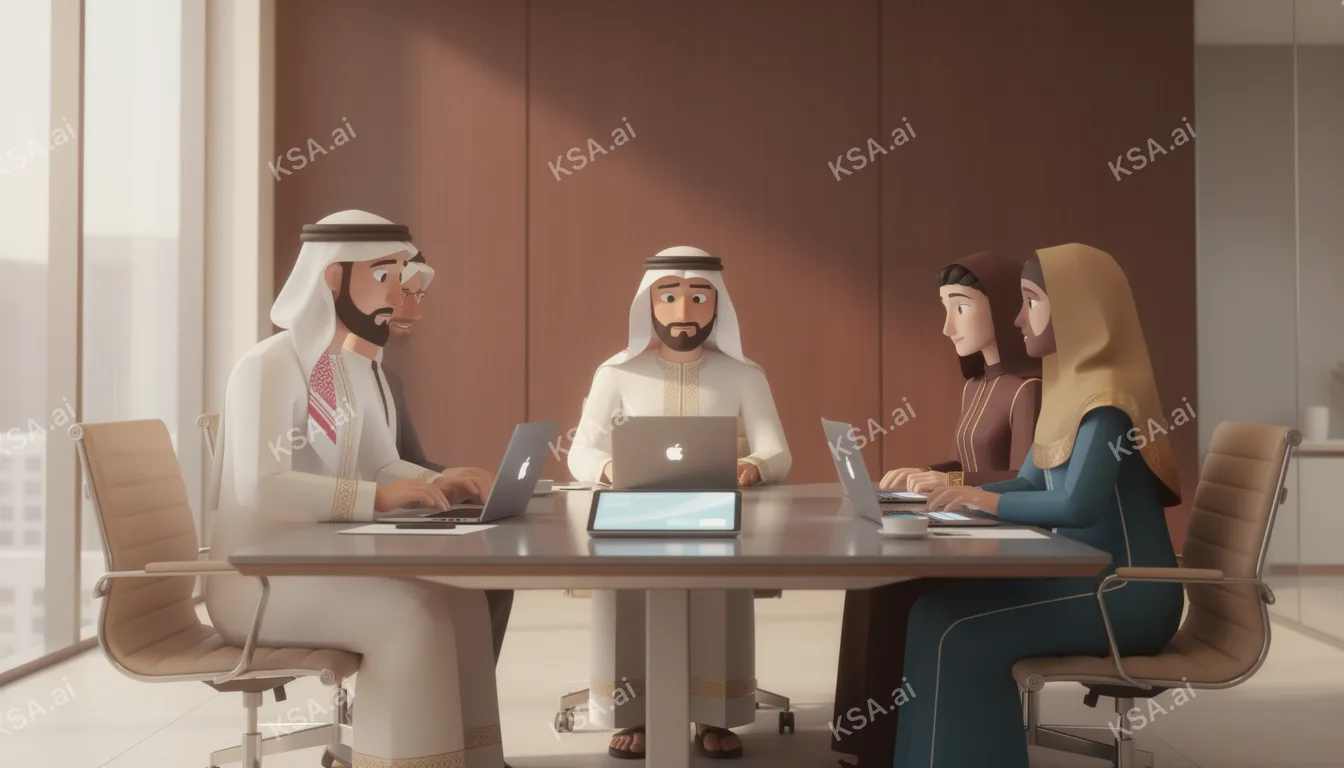 Saudi business professional in a white thobe presenting to…