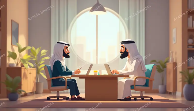 3D Cartoon Two Men in Ghutras Working on Laptops Face to Face