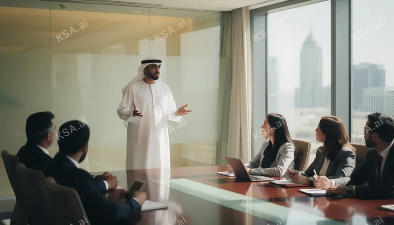Saudi business professional in a white thobe presenting to…