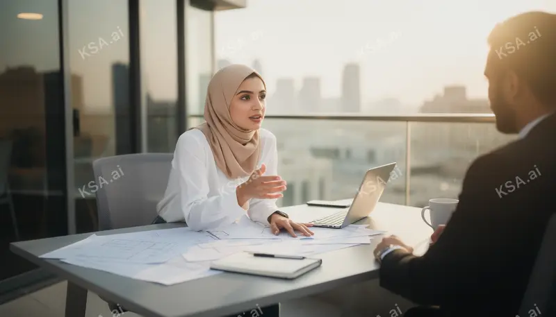 young Saudi woman entrepreneur reviewing plans at a desk