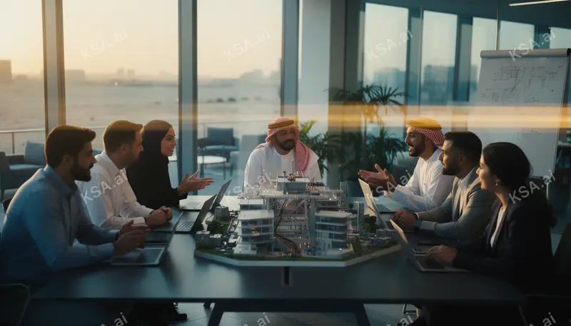 diverse team of Saudi engineers gathered around a model في…