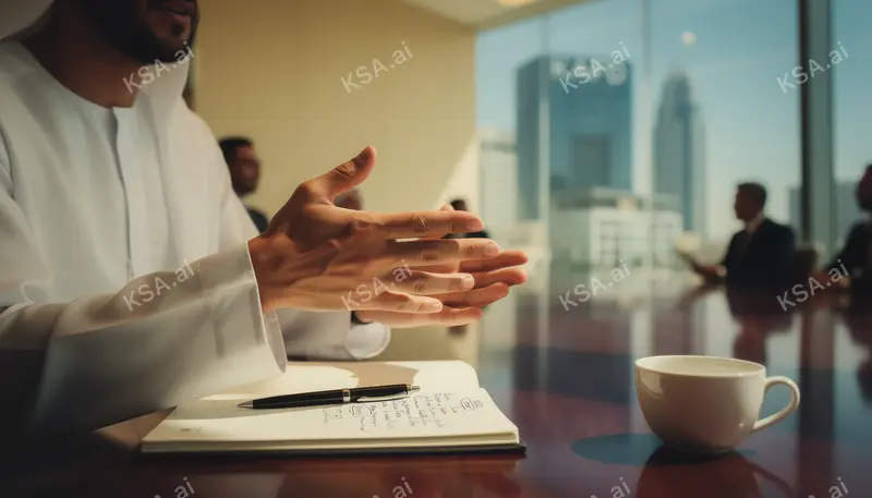 Saudi business professional in a white thobe presenting to…