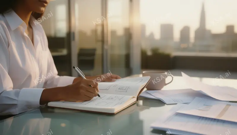 young Saudi woman entrepreneur reviewing plans at a desk