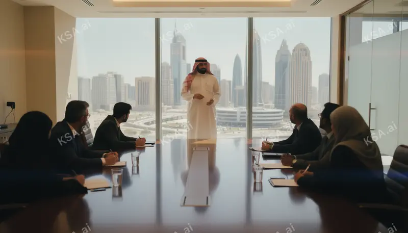 Saudi business professional in a white thobe presenting to…