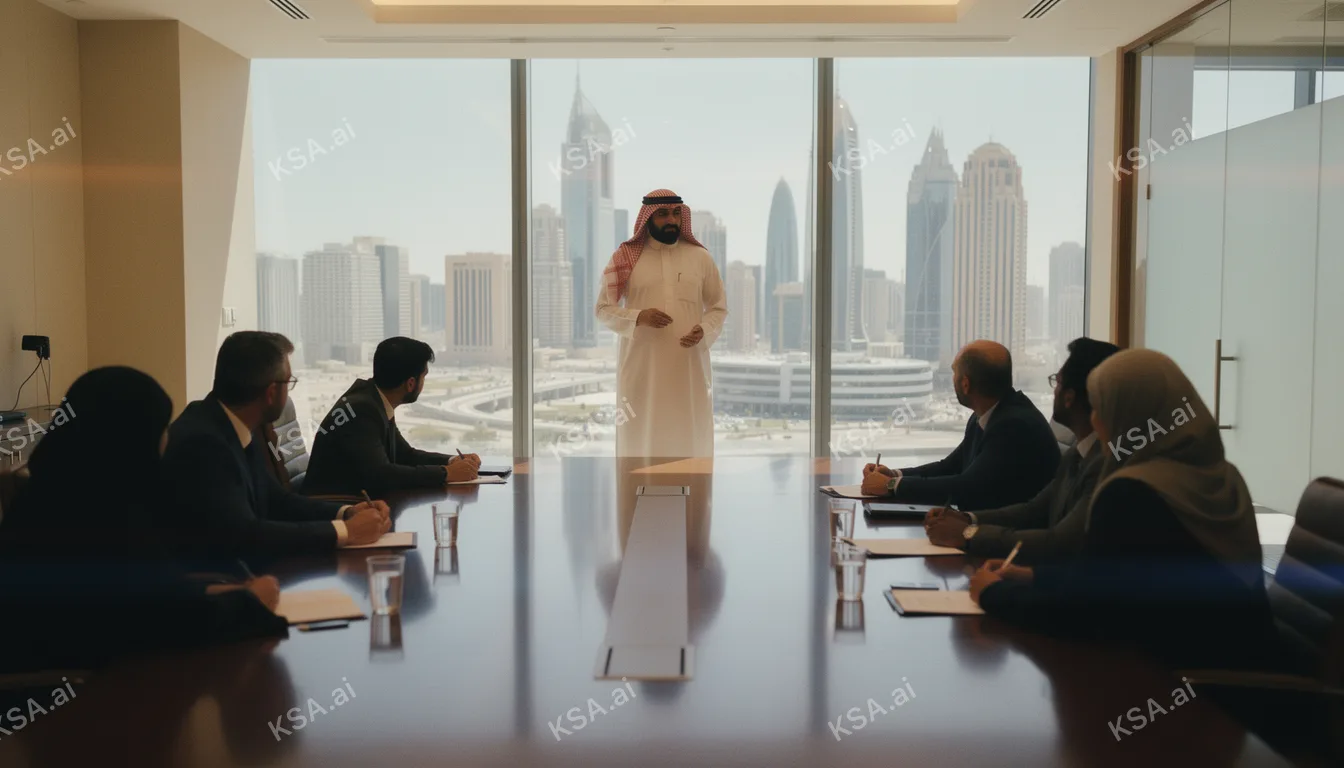 Saudi business professional in a white thobe presenting to…