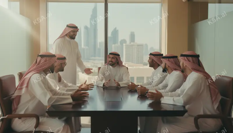 Saudi business professional in a white thobe presenting to…