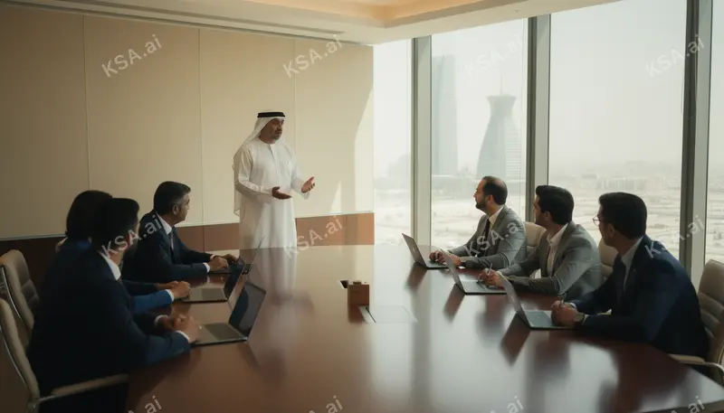 Saudi business professional in a white thobe presenting to…
