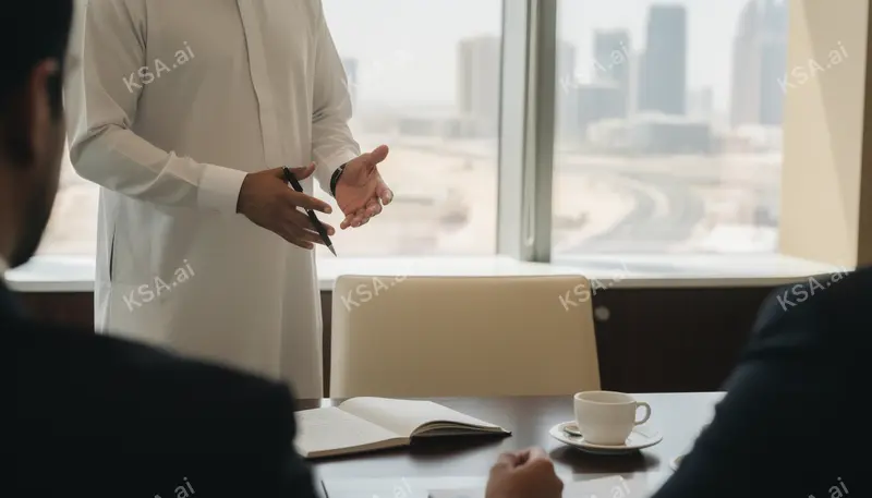 Saudi business professional in a white thobe presenting to…