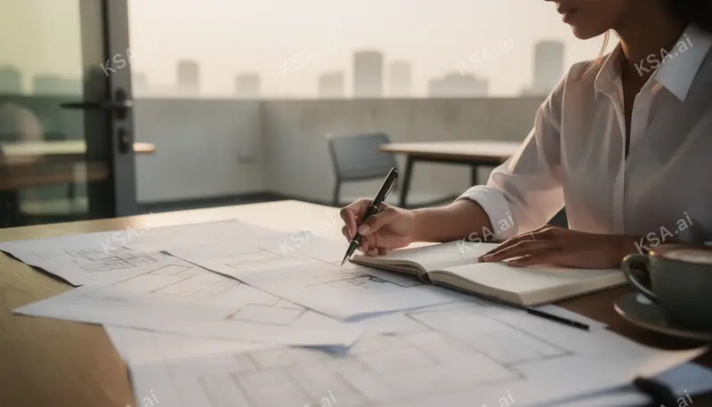 young Saudi woman entrepreneur reviewing plans at a desk