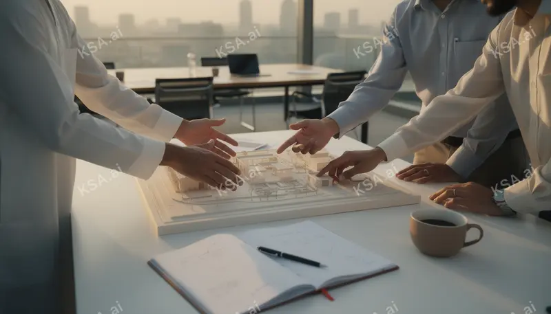 diverse team of Saudi engineers gathered around a model في…