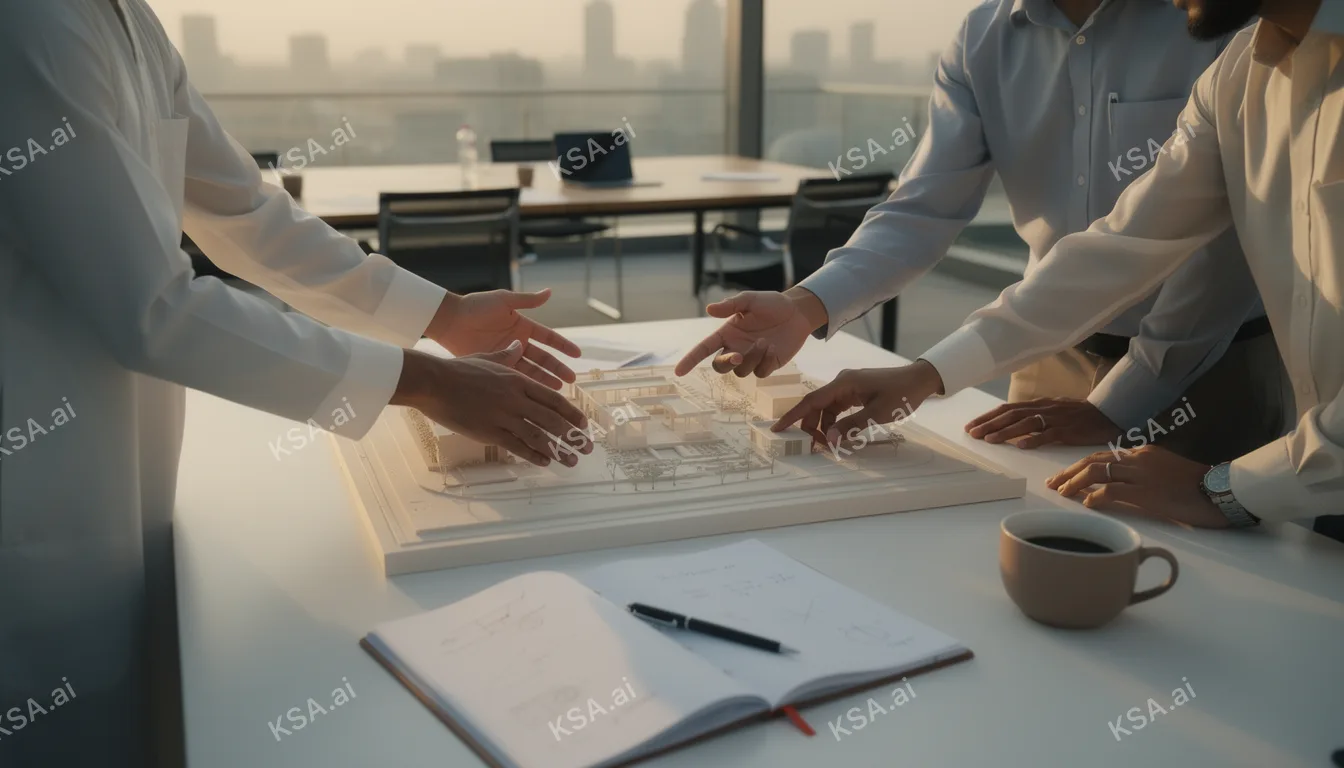 diverse team of Saudi engineers gathered around a model في…