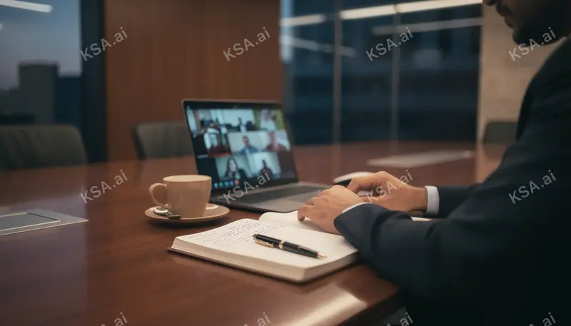 Saudi executive on a video call from a glass-walled office