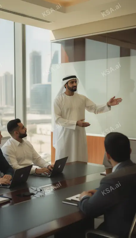 Saudi business professional in a white thobe presenting to…