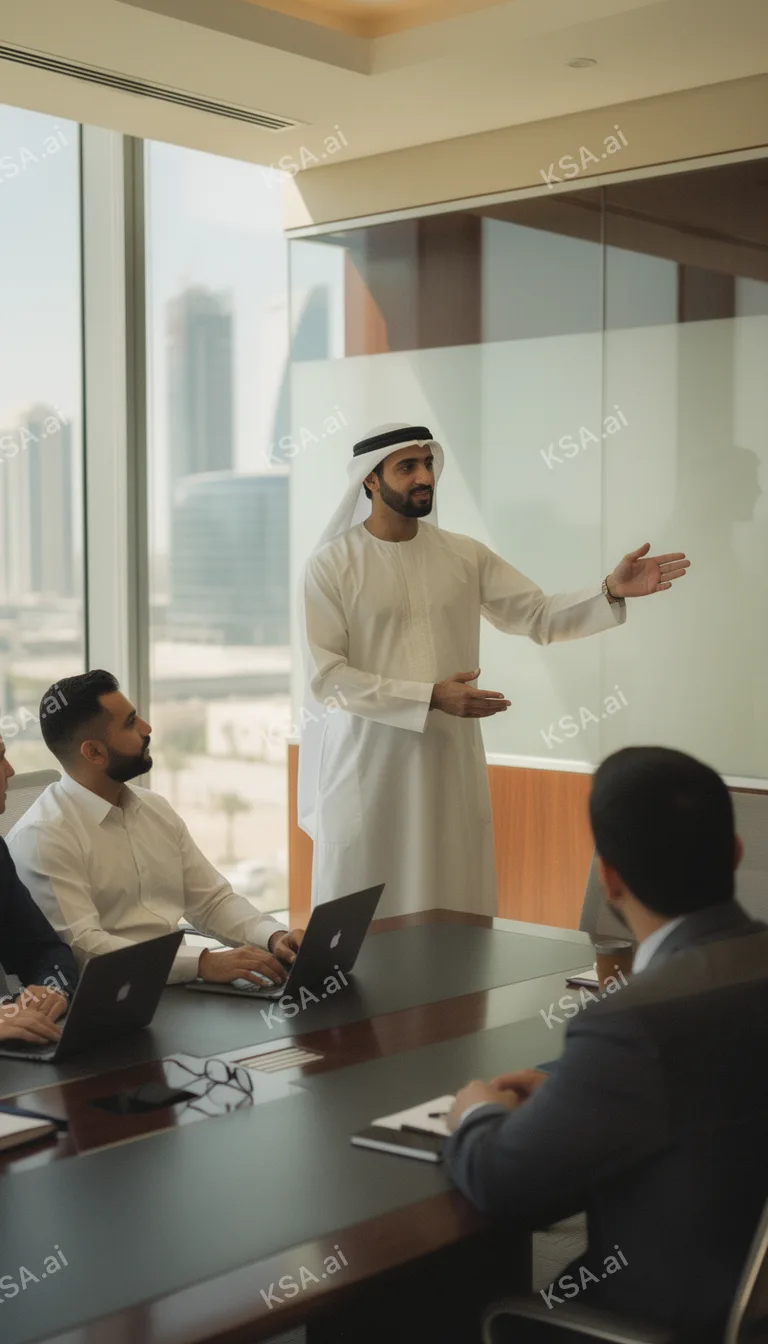 Saudi business professional in a white thobe presenting to…