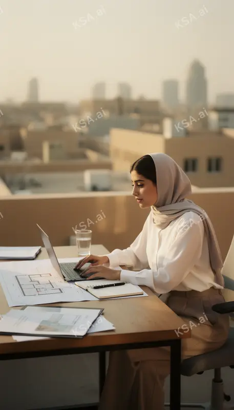 young Saudi woman entrepreneur reviewing plans at a desk