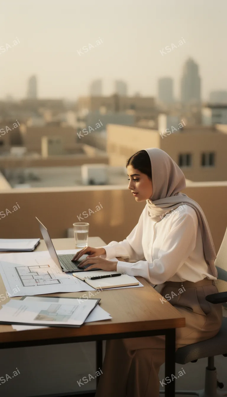 young Saudi woman entrepreneur reviewing plans at a desk
