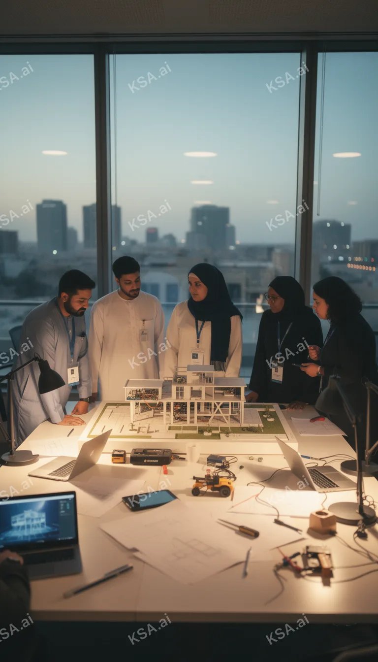 diverse team of Saudi engineers gathered around a model في…
