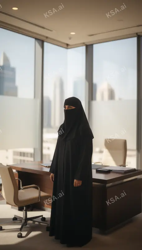 Saudi business professional in a white thobe presenting to…