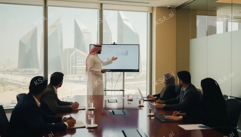 Saudi business professional in a white thobe presenting to…