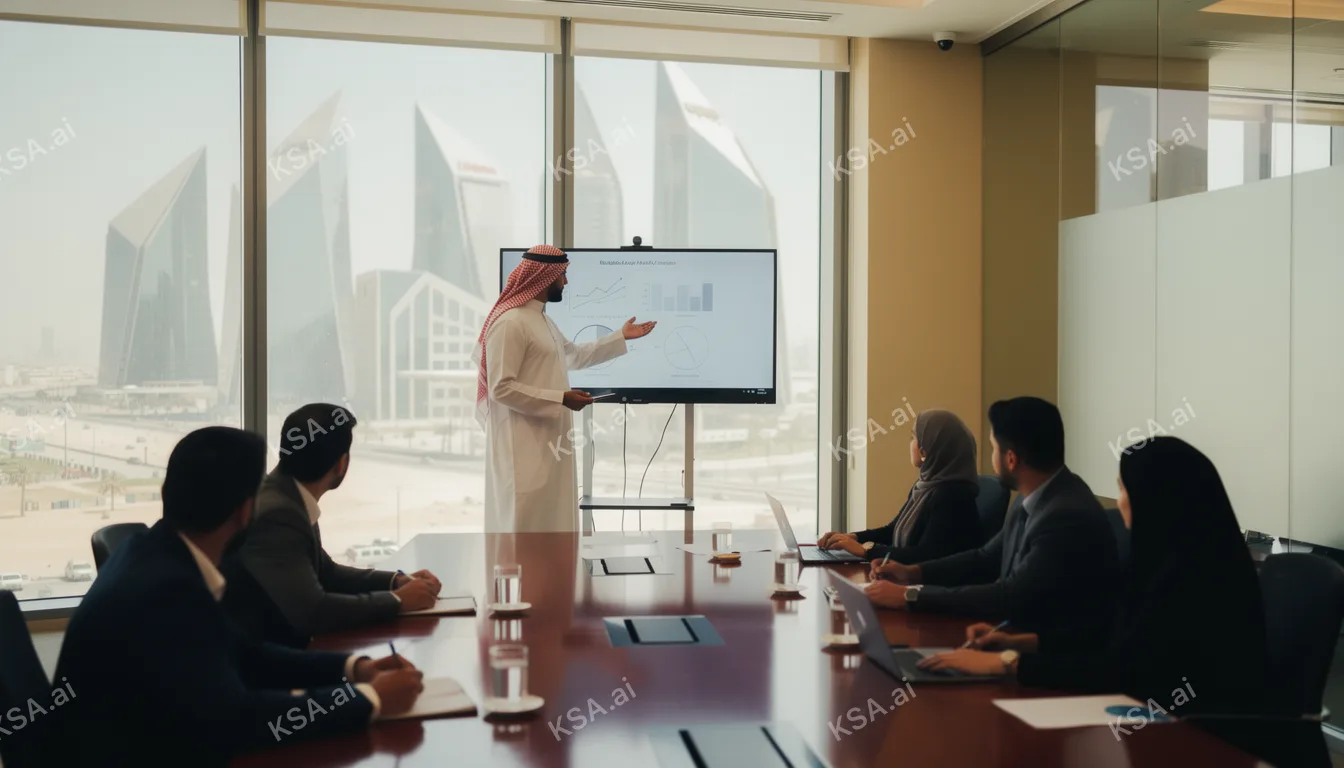 Saudi business professional in a white thobe presenting to…