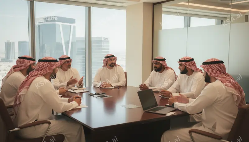 Saudi business professional in a white thobe presenting to…