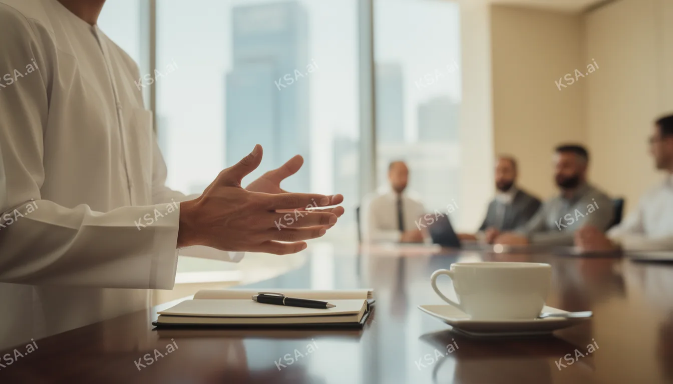Saudi business professional in a white thobe presenting to…